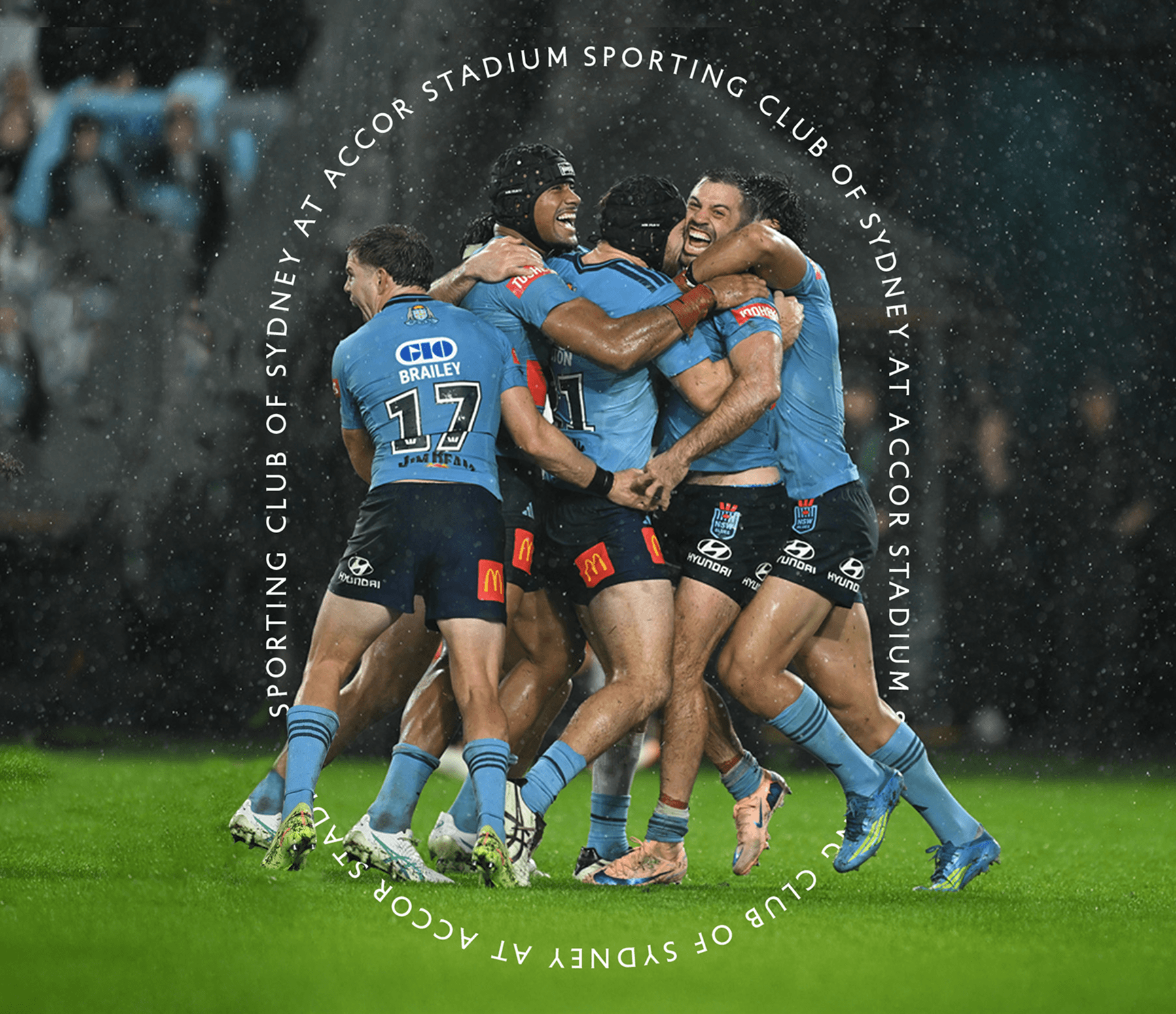 Sporting Club of Sydney players celebrating together on the field at Accor Stadium
